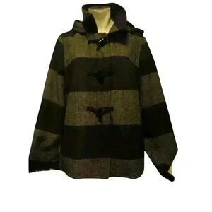 Women's Old Navy Wool Blend Hooded Toggle Coat Size L Black Grey Striped